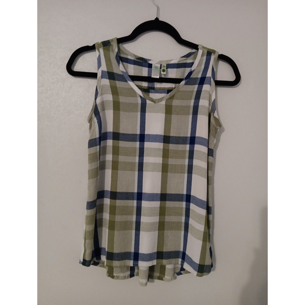 Adventura Tank Blouse Sz XS Buttons On Back Blue/Green/White‎ Plaid Lightweight